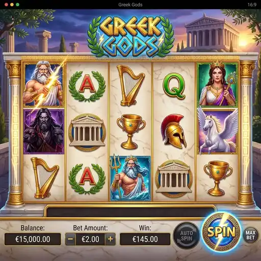 Greek Gods slot with four deity bonus selection and Olympian temple backdrop