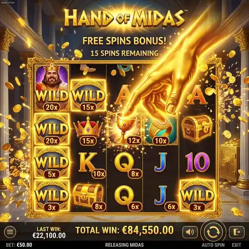 Hand of Midas free spins golden touch transformation symbols turning gold progressive value upgrade Greek temple
