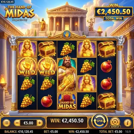 Hand of Midas slot 5x5 grid 20 paylines Greek mythology golden touch symbol transformation progressive upgrade