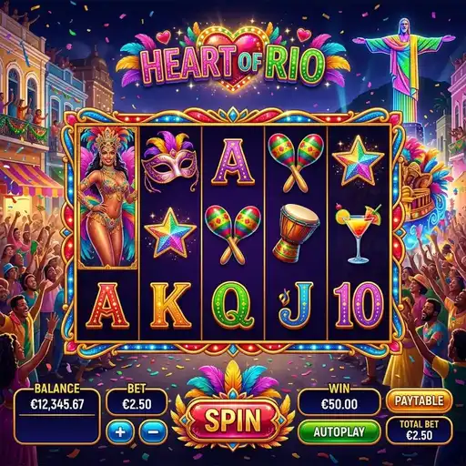 Heart of Rio slot base game with carnival symbols and 25 paylines
