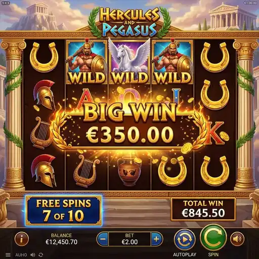 Hercules and Pegasus free spins with dual character cross pattern wild expansion