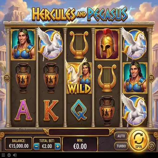 Hercules and Pegasus slot with Greek mythology symbols and 20 paylines