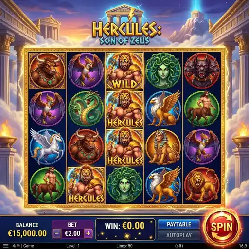 Hercules Son of Zeus slot with Greek mythology symbols and 50 paylines