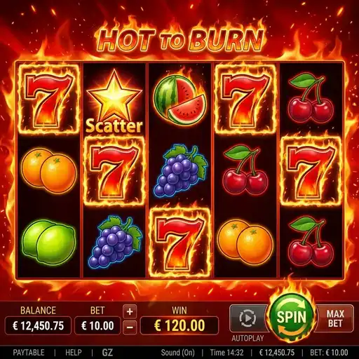 Hot to Burn slot 5x3 grid classic fruit theme five paylines cherries sevens bars simple retro design