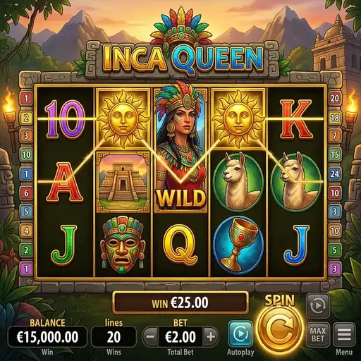 Inca Queen base game with Inca temple symbols and 25 fixed paylines