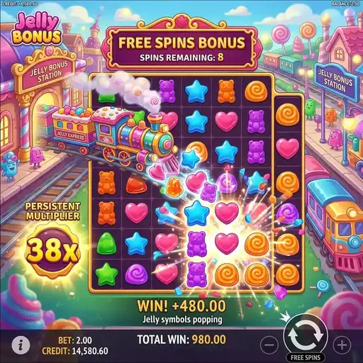 Jelly Express free spins with Jelly Bonus station event depositing cluster symbols during active cascade