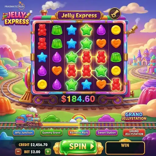 Jelly Express slot 6x5 grid with train track progress mechanic and jelly candy symbols