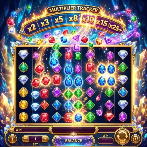 Jewel Rush free spins on expanded 7x7 grid with large gemstone cluster formations
