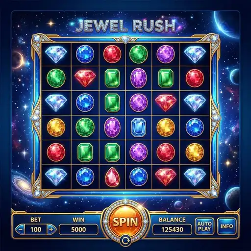 Jewel Rush cluster grid with rush meter expansion from 5x5 to 7x7 and gemstone theme
