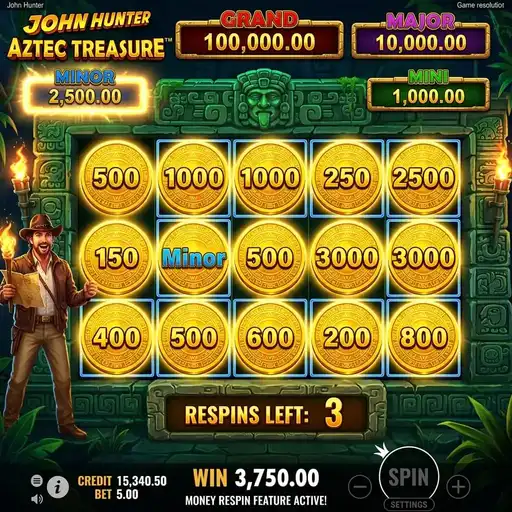 Aztec Treasure Money Respin feature with gold coins locked on grid and Major jackpot corner illuminated in Aztec temple setting