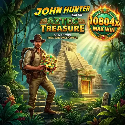 John Hunter Aztec Treasure slot 5x3 grid with jungle temple backdrop Aztec gold symbols sun snake jaguar icons