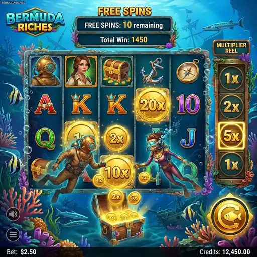 Bermuda Riches free spins with diver collectors and multiplier reel active, coins and divers on 5x3 underwater grid