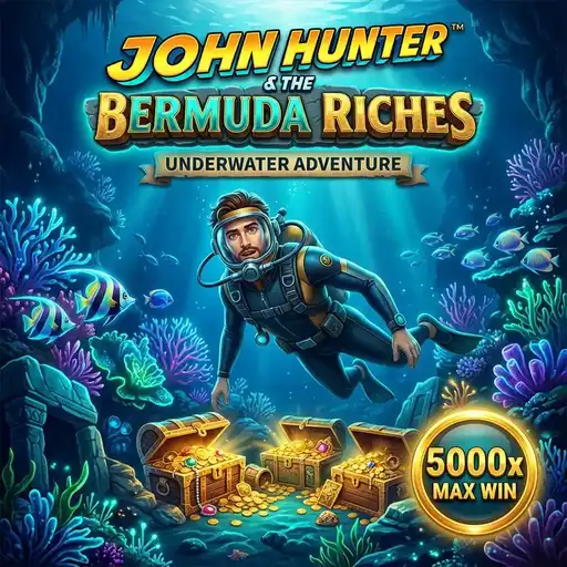 John Hunter Bermuda Riches slot 5x3 underwater grid with deep ocean backdrop coral reef tropical fish and explorer diving gear