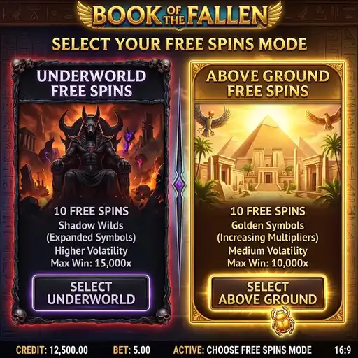 Book of the Fallen dual free spins mode selection screen showing Underworld and Above Ground options with Egyptian god symbols