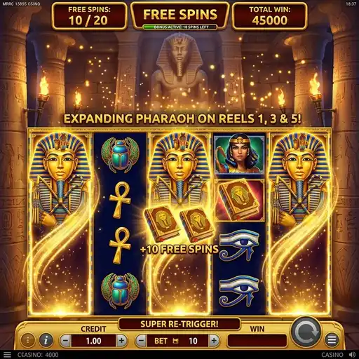 Book of Tut free spins bonus with expanding pharaoh symbol covering full reels on 5x3 grid, retrigger books visible
