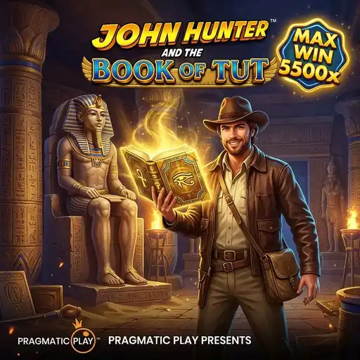 John Hunter Book of Tut slot 5x3 grid with Egyptian hieroglyph backdrop golden book wild scatter symbol and explorer theme