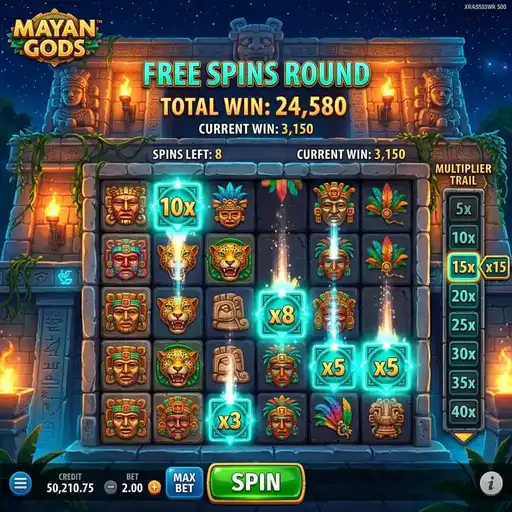 Mayan Gods free spins bonus with multiplier symbols and cascading tumble wins on 6x5 grid jungle temple Mayan art