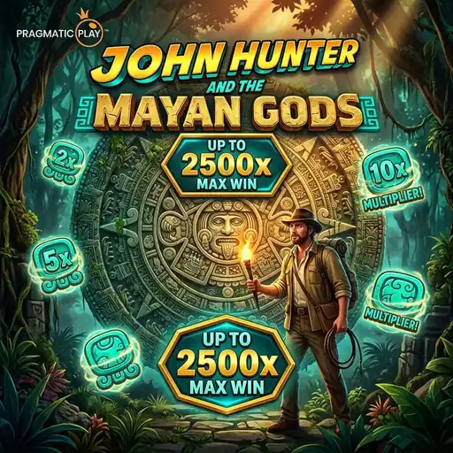 John Hunter Mayan Gods slot 6x5 Pay Anywhere tumble grid with jungle temple backdrop Mayan calendar symbols and explorer character
