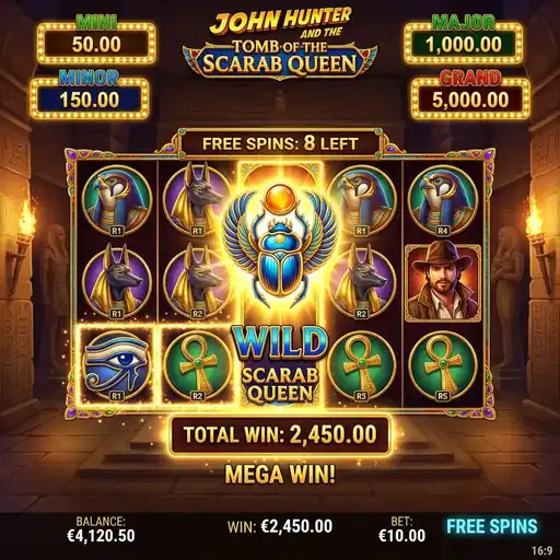 John Hunter Scarab Queen free spins with expanded scarab wild symbols covering full reels and payline wins in Egyptian setting