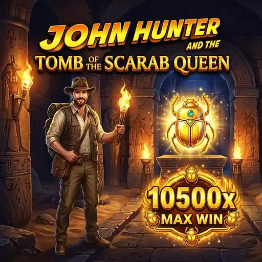 John Hunter Tomb of the Scarab Queen slot 5x3 grid with Egyptian tomb backdrop gold scarab symbols and explorer character