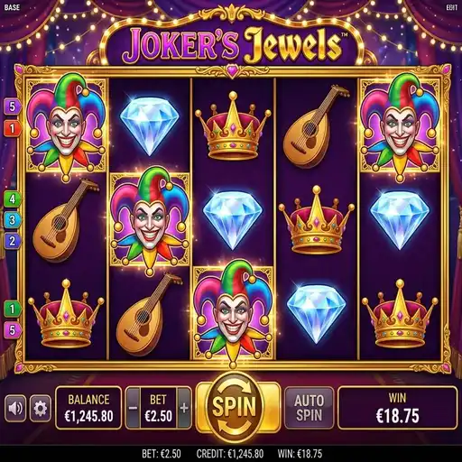 Joker's Jewels slot 5x3 grid with just 5 paylines showing jester and gemstone symbols