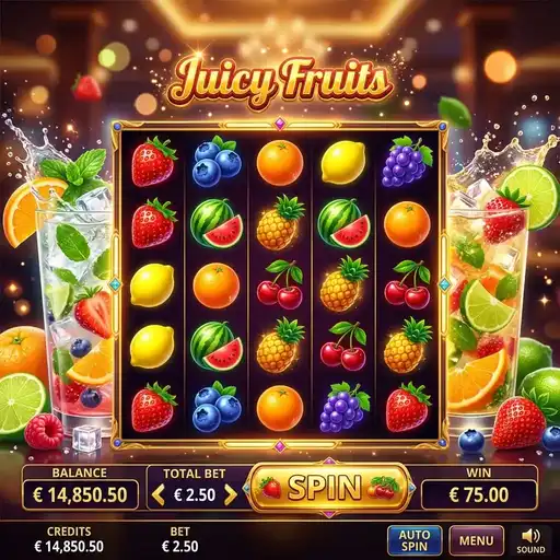 Juicy Fruits slot base game with fruit cluster symbols and 5x5 grid