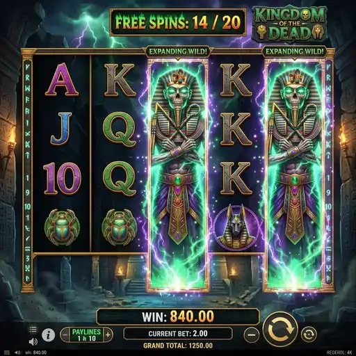 Kingdom of the Dead free spins expanding death pharaoh symbol level up mechanic underworld dark Egyptian