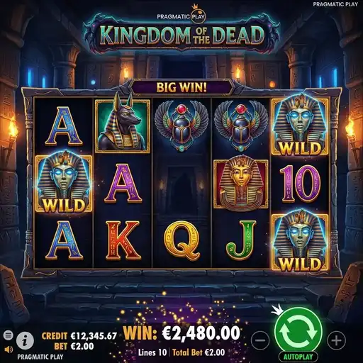 Kingdom of the Dead slot 5x3 grid 10 paylines dark Egyptian underworld skull motifs Anubis Osiris