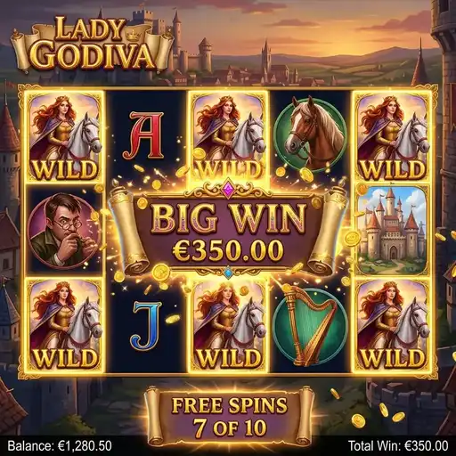 Lady Godiva free spins with horse ride multiplier building across medieval village