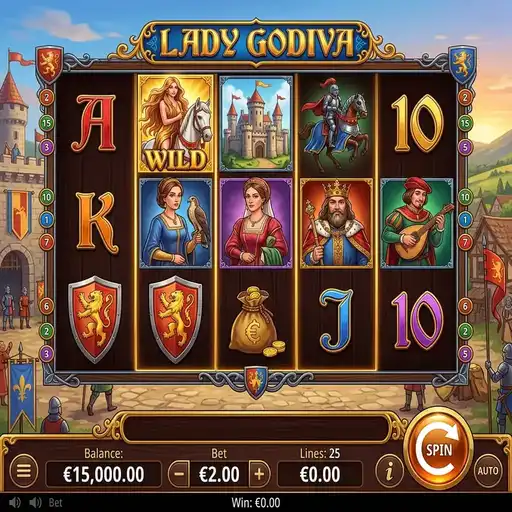 Lady Godiva medieval slot with horse ride multiplier mechanic across reel top