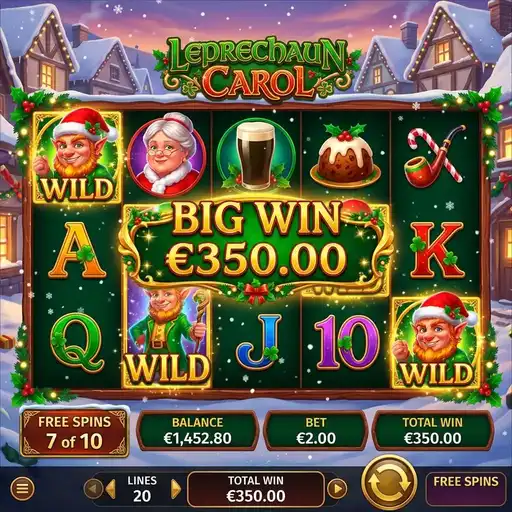 Leprechaun Carol free spins with Christmas carol wild drops and holiday overlay