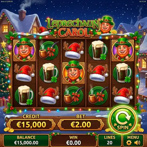Leprechaun Carol Christmas slot with Santa hat leprechaun and holiday wild feature