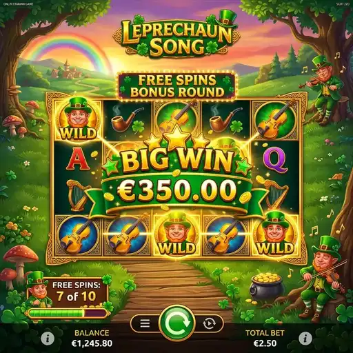 Leprechaun Song free spins with singing wild drops and Irish folk melody effects