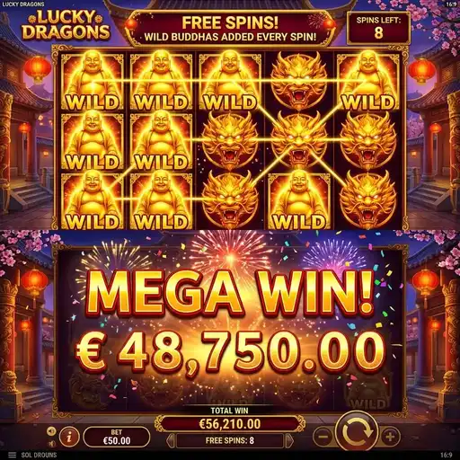 Lucky Dragons free spins dragon linking Chinese theme 50 paylines dense coverage red gold