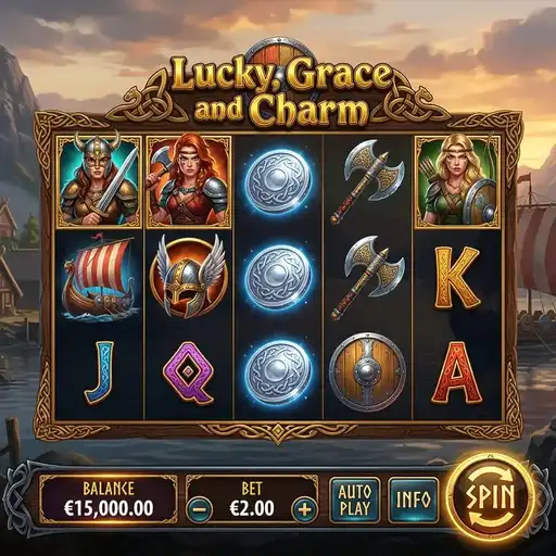 Lucky Grace and Charm slot with three Irish character bonus modes on countryside backdrop