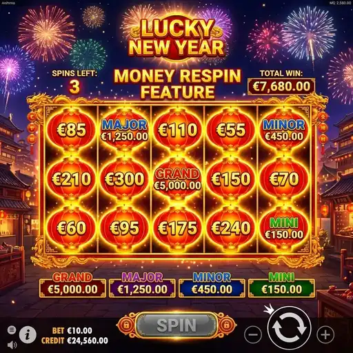 Lucky New Year free spins Chinese New Year celebration lion dance fireworks red lanterns festival