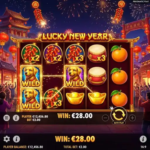 Lucky New Year slot with Chinese festival symbols and 25 paylines