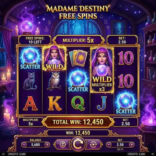 Madame Destiny free spins wild multiplier 2x 3x crystal ball fortune teller mystical purple atmosphere