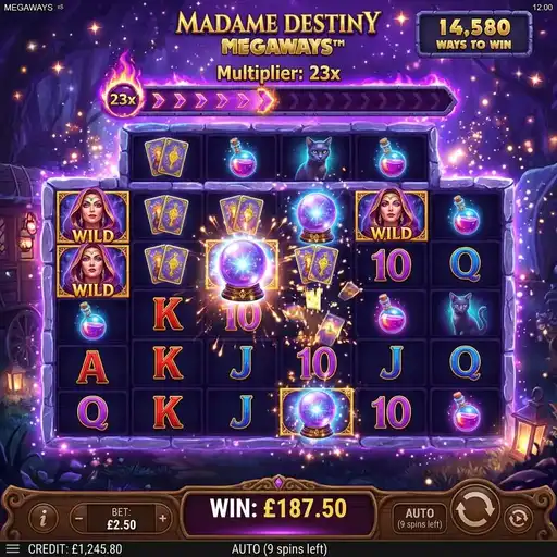 Madame Destiny Megaways slot cascading bonus with snowball multiplier trail