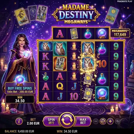 Madame Destiny Megaways slot mystic fortune teller theme with variable reel grid