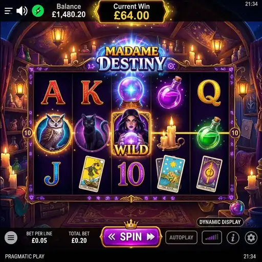 Madame Destiny slot 5x3 grid 10 paylines fortune teller crystal ball wild multiplier mystical theme