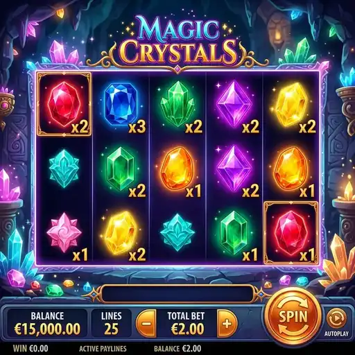 Magic Crystals base game with gem symbols and 25 fixed paylines