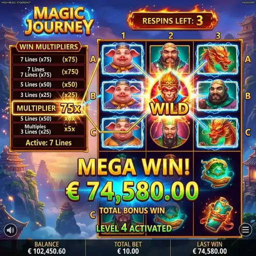 Magic Journey free spins fourth reel multiplier Sun Wukong Monkey King Chinese mythology scroll art