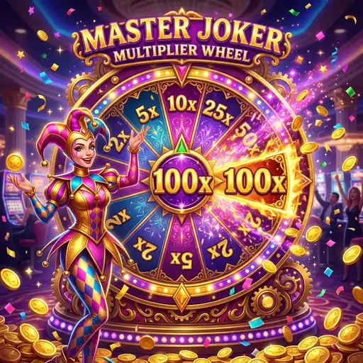 Master Joker multiplier wheel spinning with high multiplier values joker wild connecting symbols on single row