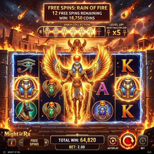 Might of Ra bonus round with Egyptian god feature symbols