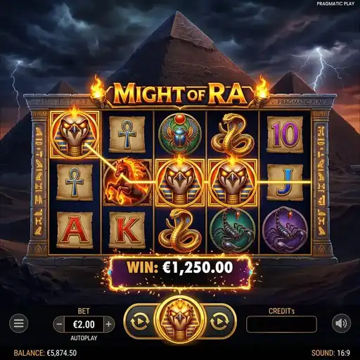 Might of Ra base game with Ra symbols and 25 fixed paylines