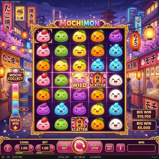 Mochimon 7x7 cluster pays grid with cute Japanese mochi characters and multiplier bombs