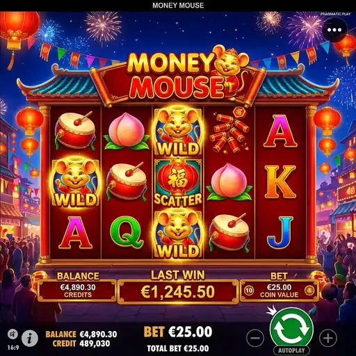 Money Mouse slot with zodiac mouse symbols and 25 fixed paylines
