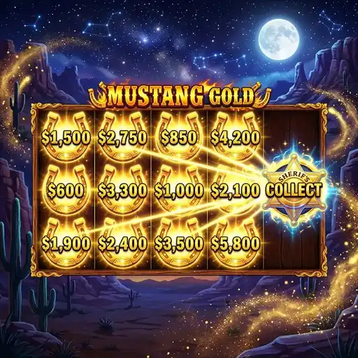 Mustang Gold Money Collect feature with locked horseshoe values