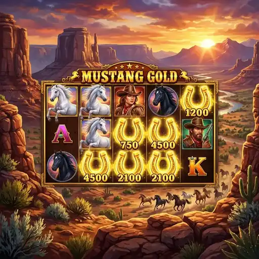 Mustang Gold slot showing Money Respin feature with locked horseshoe symbols on prairie backdrop